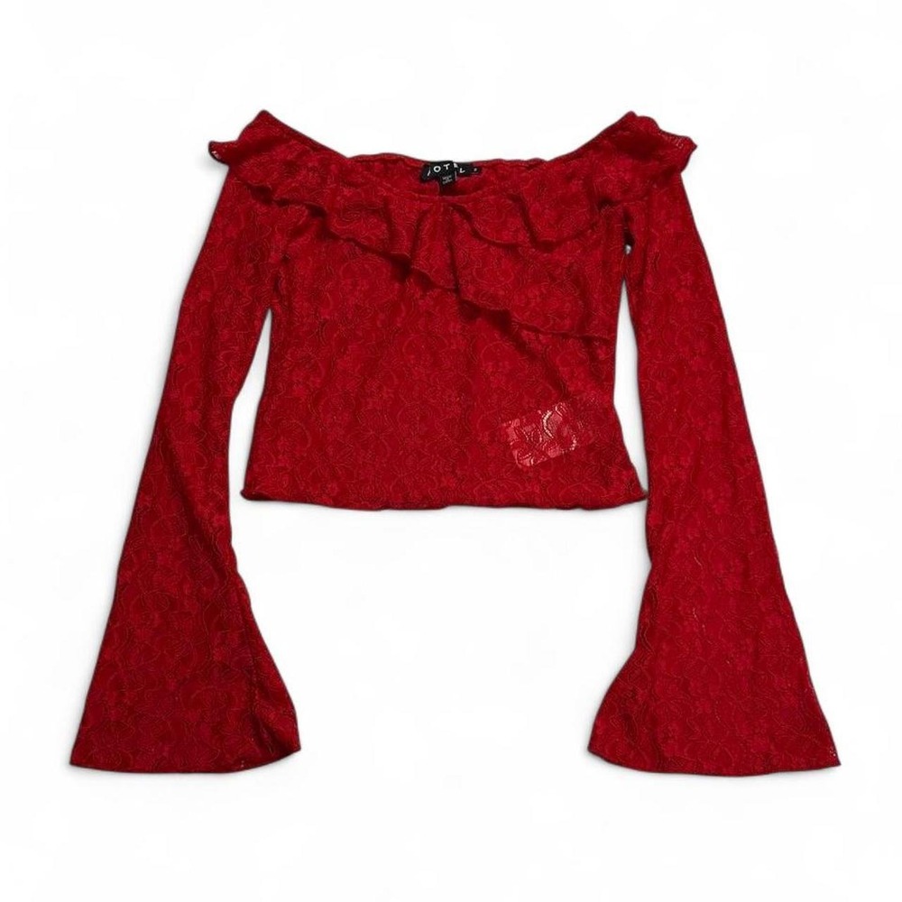 Motel Red Romantic Goth Lace Crop Top Ruffle Off Shoulder Bell Sleeve Blouse